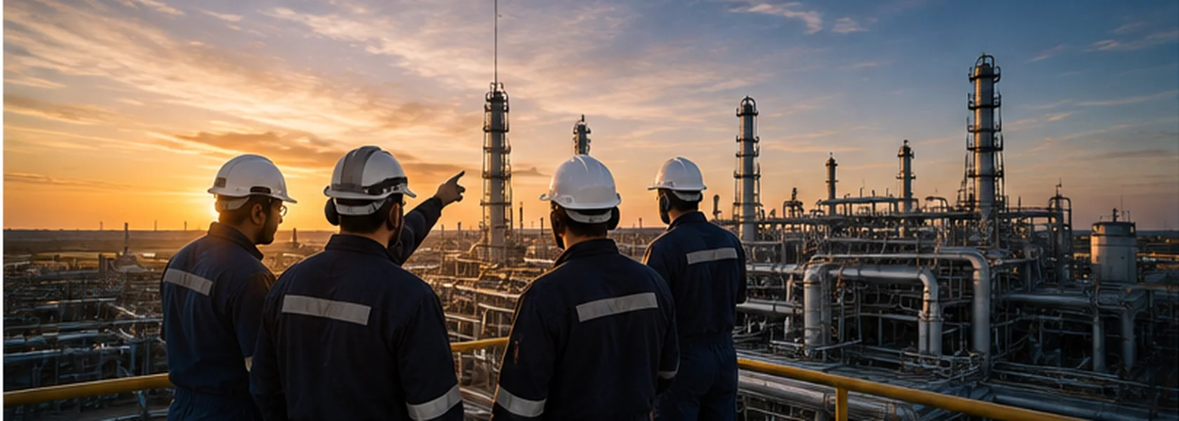 Equipo técnico de SILCA con cascos blancos en una planta industrial al atardecer