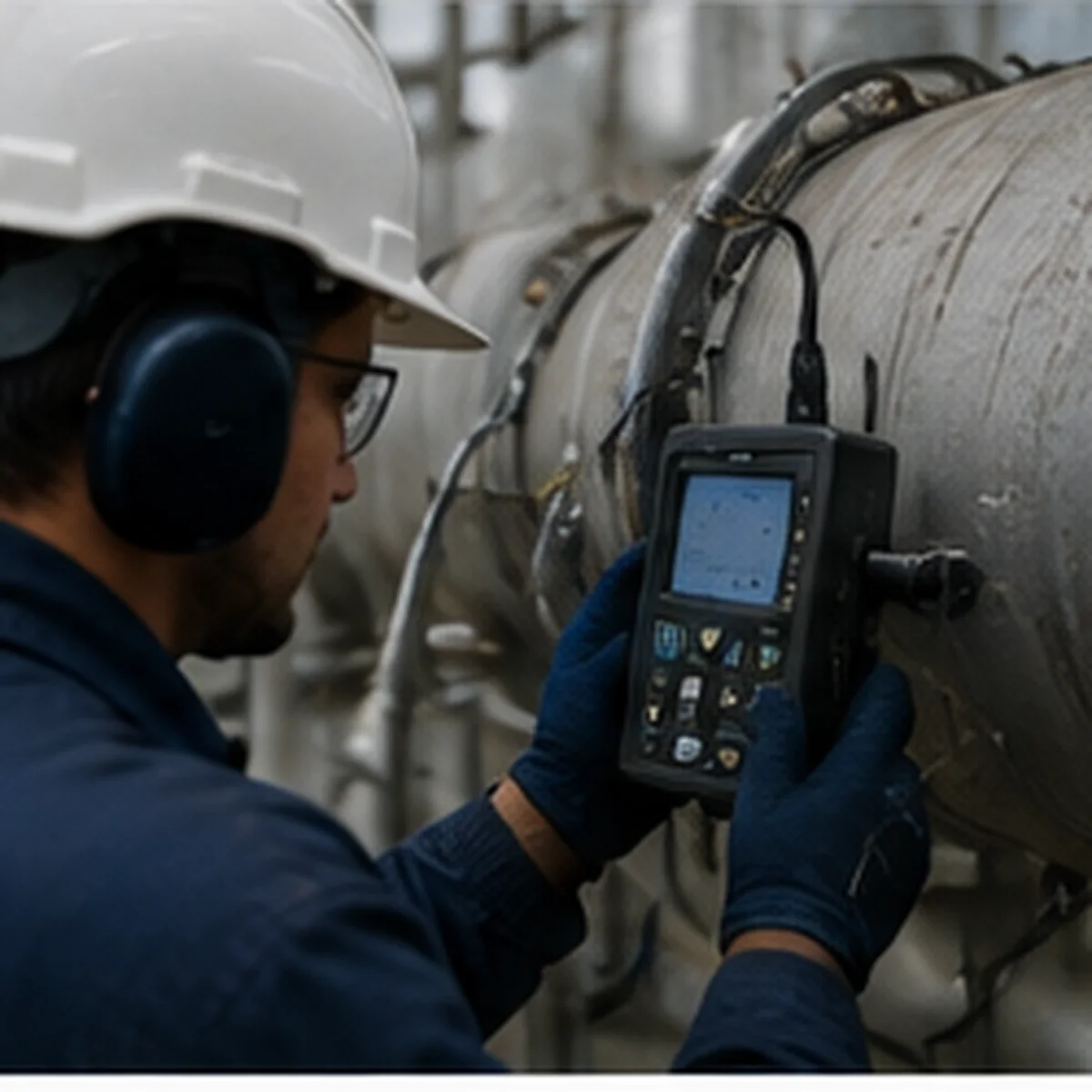 Técnico con casco blanco ejecutando un ensayo no destructivo sobre un componente industrial