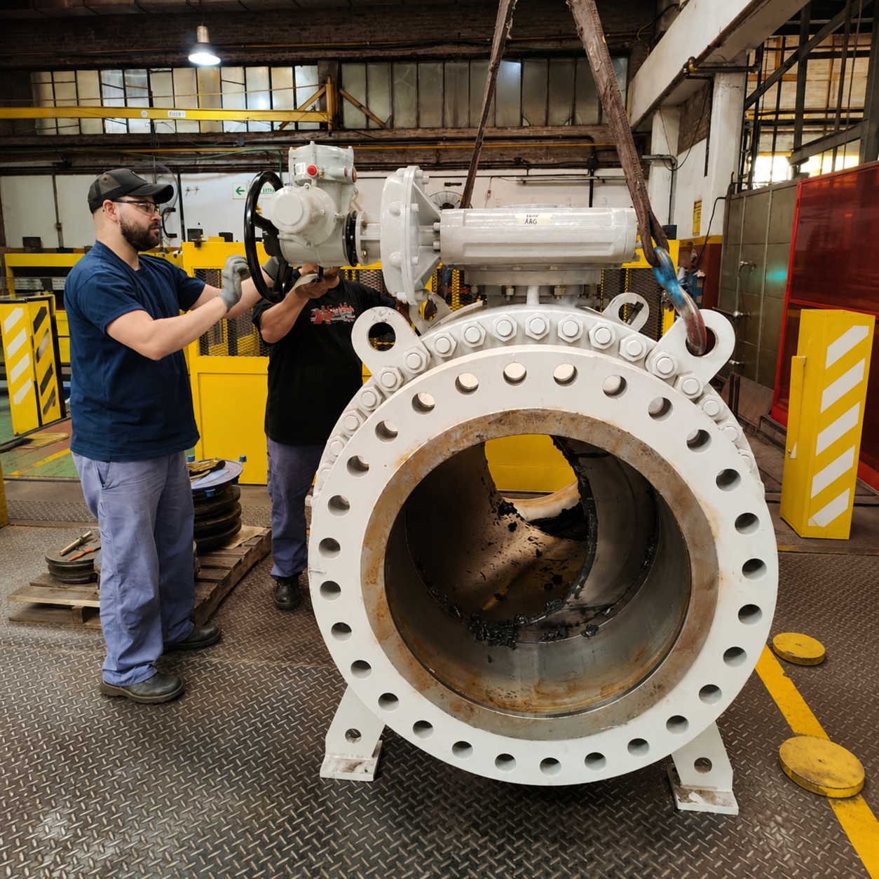 Equipo de SILCA realizando el montaje de una válvula industrial de gran porte